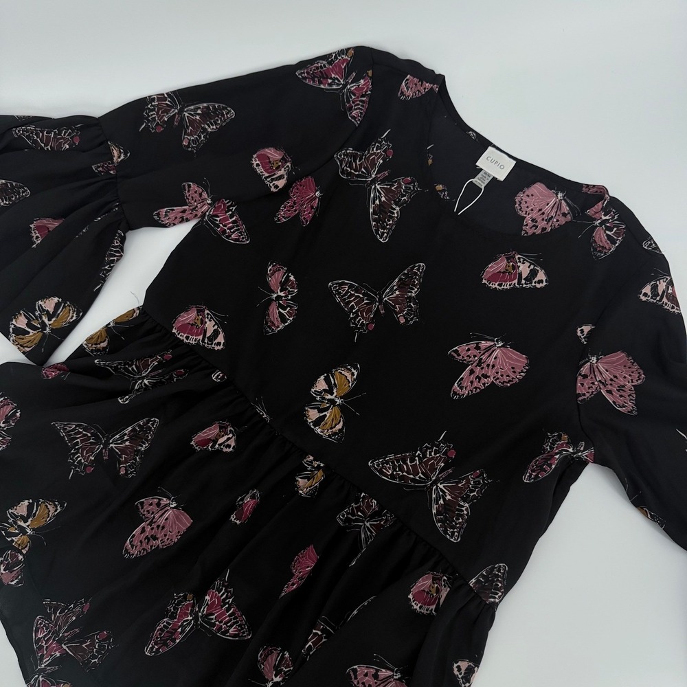 Cupio Black Butterfly Print Bell Sleeve Babydoll Boho Blouse Top Medium NWOT